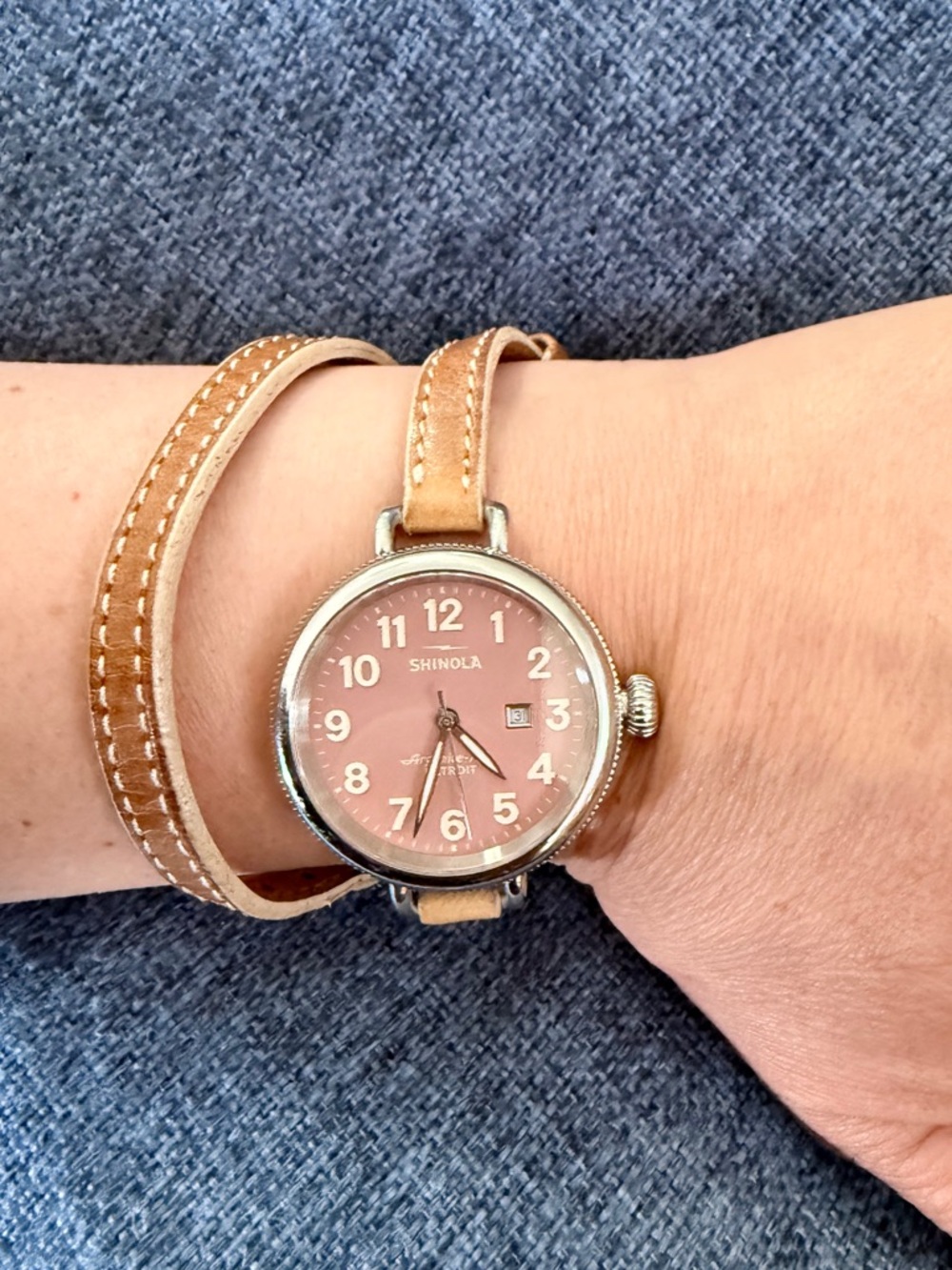 Shinola Rose Dial Double-Wrap Tan Leather Watch the birdy 34mm